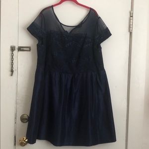 Navy Blue Cocktail Dress with Lace Overlay